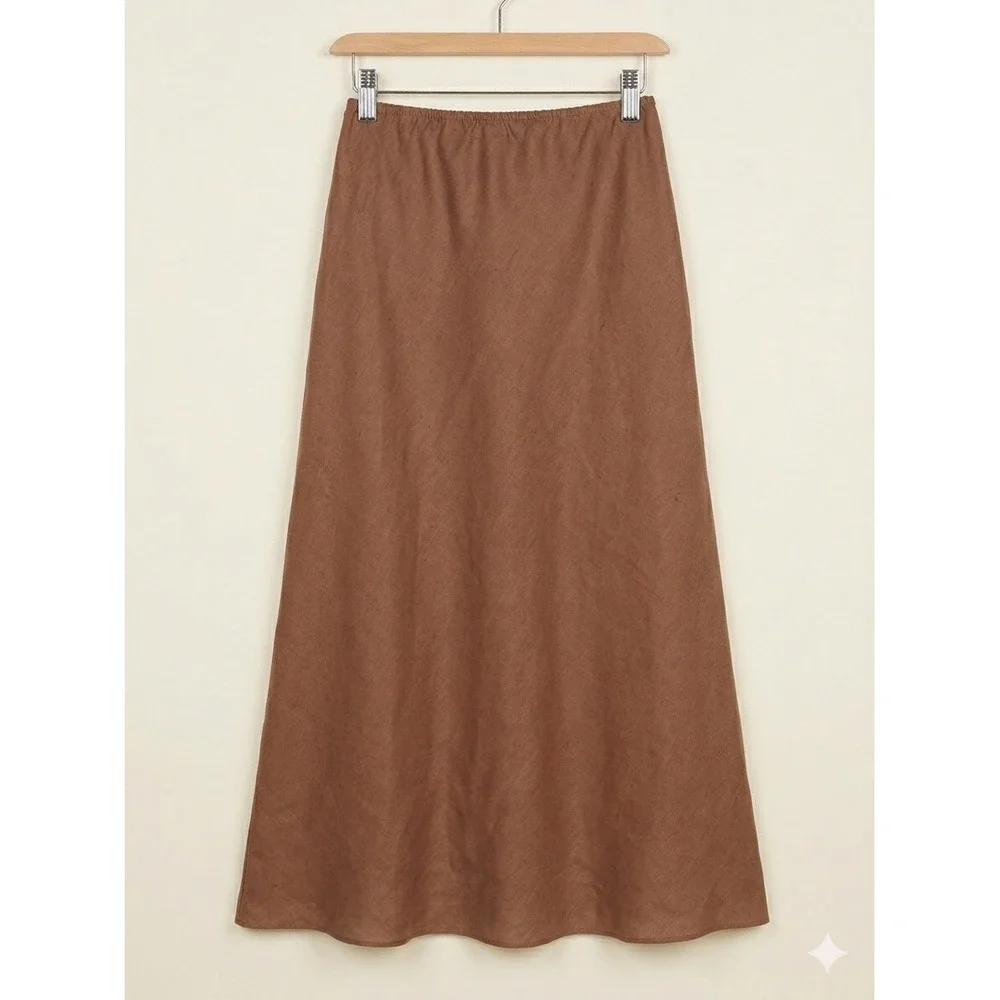 Adolfo Studio Womens Skirt Size 10P Brown 100% Linen Maxi Elastic Waist A-Line